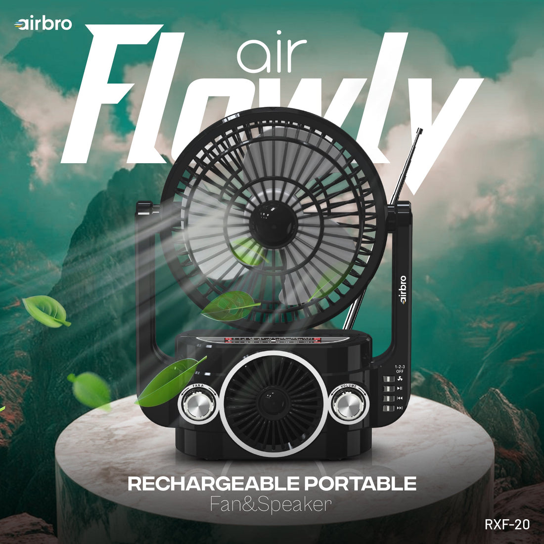 Airbro RXF - 20 Rechargeable Fan &amp; Speaker – AM/FM/SW Radio, 3 - Speed Fan, Bluetooth, MP3, Type - C Charging - Top ElectrosPortable FanRXF - 20