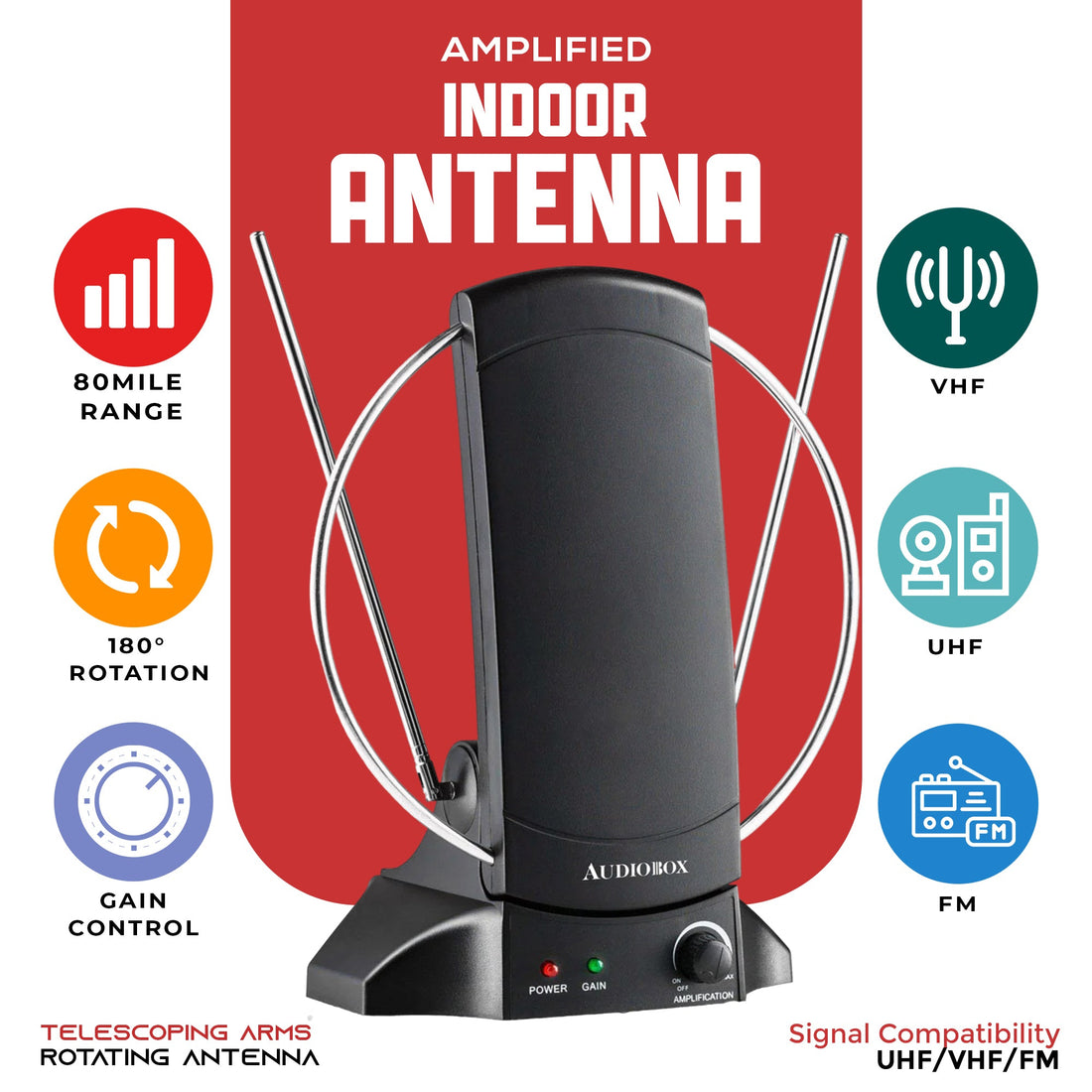 Amplified Indoor TV Antenna – 80 Mile Range, Adjustable Gain, 180° Rotation | UHF/VHF/FM HDTV Ready - Top ElectrosAntennaANT - 400850006218608