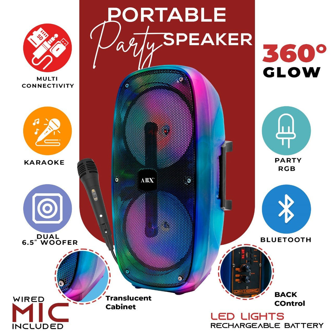 Audiobox ABX - 2290R Dual 6" Party Light Master | Bluetooth | 360 Glow | 40W RMS - Top ElectrosParty SpeakersABX - 2290R
