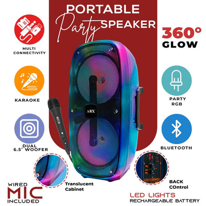 ABX Loud Party Speaker w/ Mic, Bluetooth, 360° Glow, Lightweight