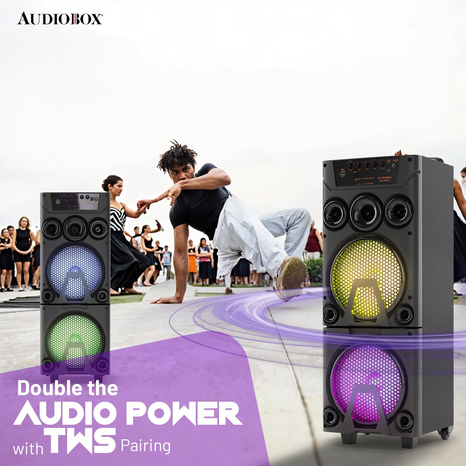 AudioBox ABX - 8080R Dual 8&quot; Bluetooth Portable Party Speaker with Wireless Microphones, LED Lights, FM Radio, USB, AUX, microSD, Karaoke Speaker - Top ElectrosParty SpeakersABX - 8080R