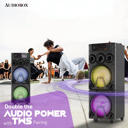 AudioBox ABX - 8080R Dual 8&quot; Bluetooth Portable Party Speaker with Wireless Microphones, LED Lights, FM Radio, USB, AUX, microSD, Karaoke Speaker - Top ElectrosParty SpeakersABX - 8080R