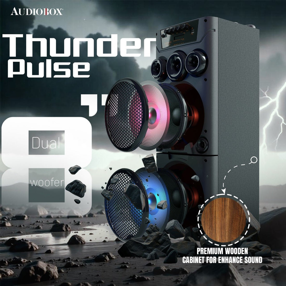 AudioBox ABX - 8080R Dual 8&quot; Bluetooth Portable Party Speaker with Wireless Microphones, LED Lights, FM Radio, USB, AUX, microSD, Karaoke Speaker - Top ElectrosParty SpeakersABX - 8080R