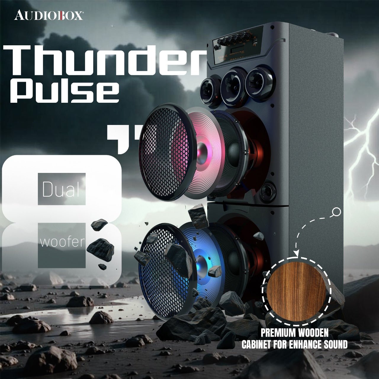 AudioBox ABX - 8080R Dual 8&quot; Bluetooth Portable Party Speaker with Wireless Microphones, LED Lights, FM Radio, USB, AUX, microSD, Karaoke Speaker - Top ElectrosParty SpeakersABX - 8080R