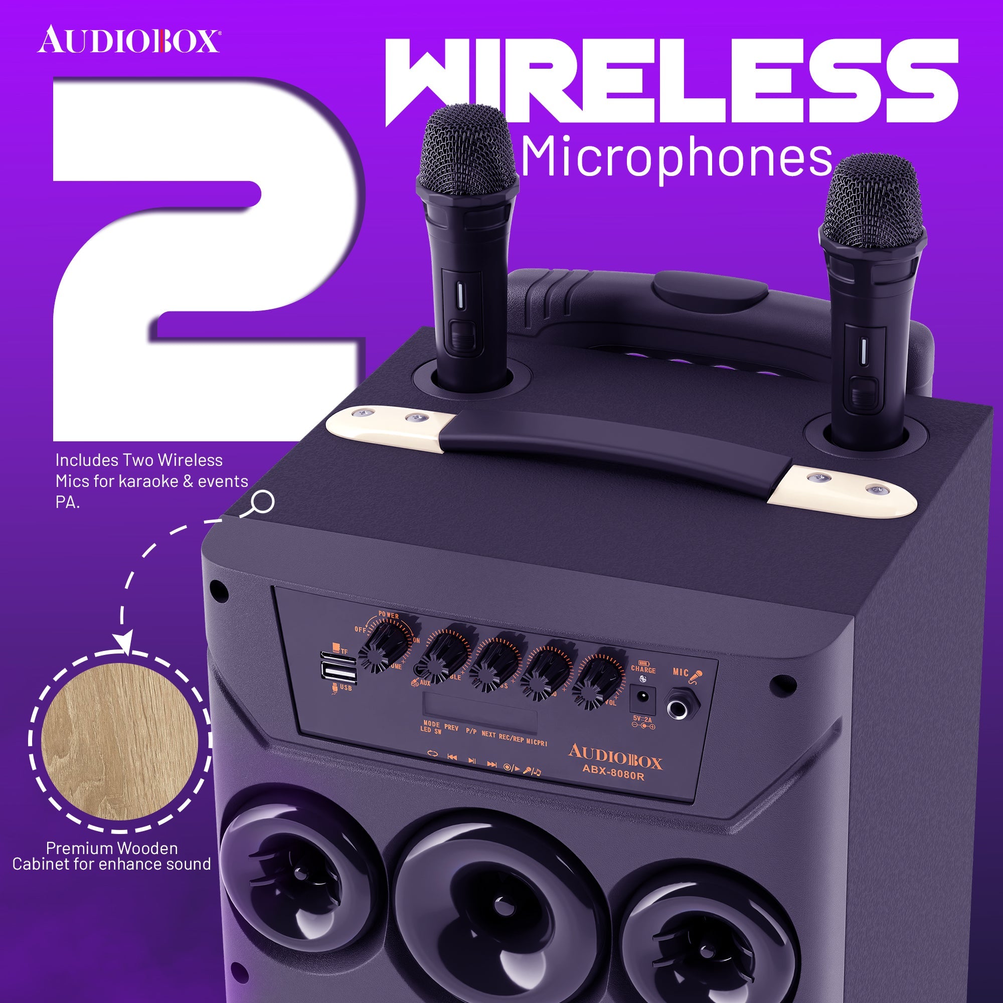 AudioBox ABX - 8080R Dual 8&quot; Bluetooth Portable Party Speaker with Wireless Microphones, LED Lights, FM Radio, USB, AUX, microSD, Karaoke Speaker - Top ElectrosParty SpeakersABX - 8080R