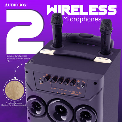 AudioBox ABX - 8080R Dual 8&quot; Bluetooth Portable Party Speaker with Wireless Microphones, LED Lights, FM Radio, USB, AUX, microSD, Karaoke Speaker - Top ElectrosParty SpeakersABX - 8080R