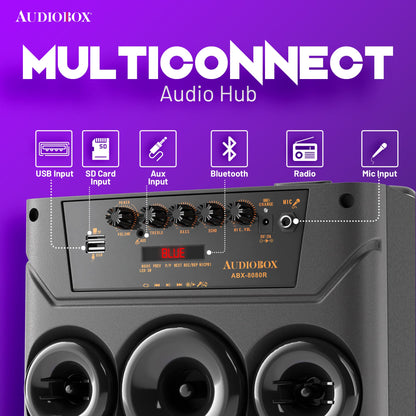 AudioBox ABX - 8080R Dual 8&quot; Bluetooth Portable Party Speaker with Wireless Microphones, LED Lights, FM Radio, USB, AUX, microSD, Karaoke Speaker - Top ElectrosParty SpeakersABX - 8080R