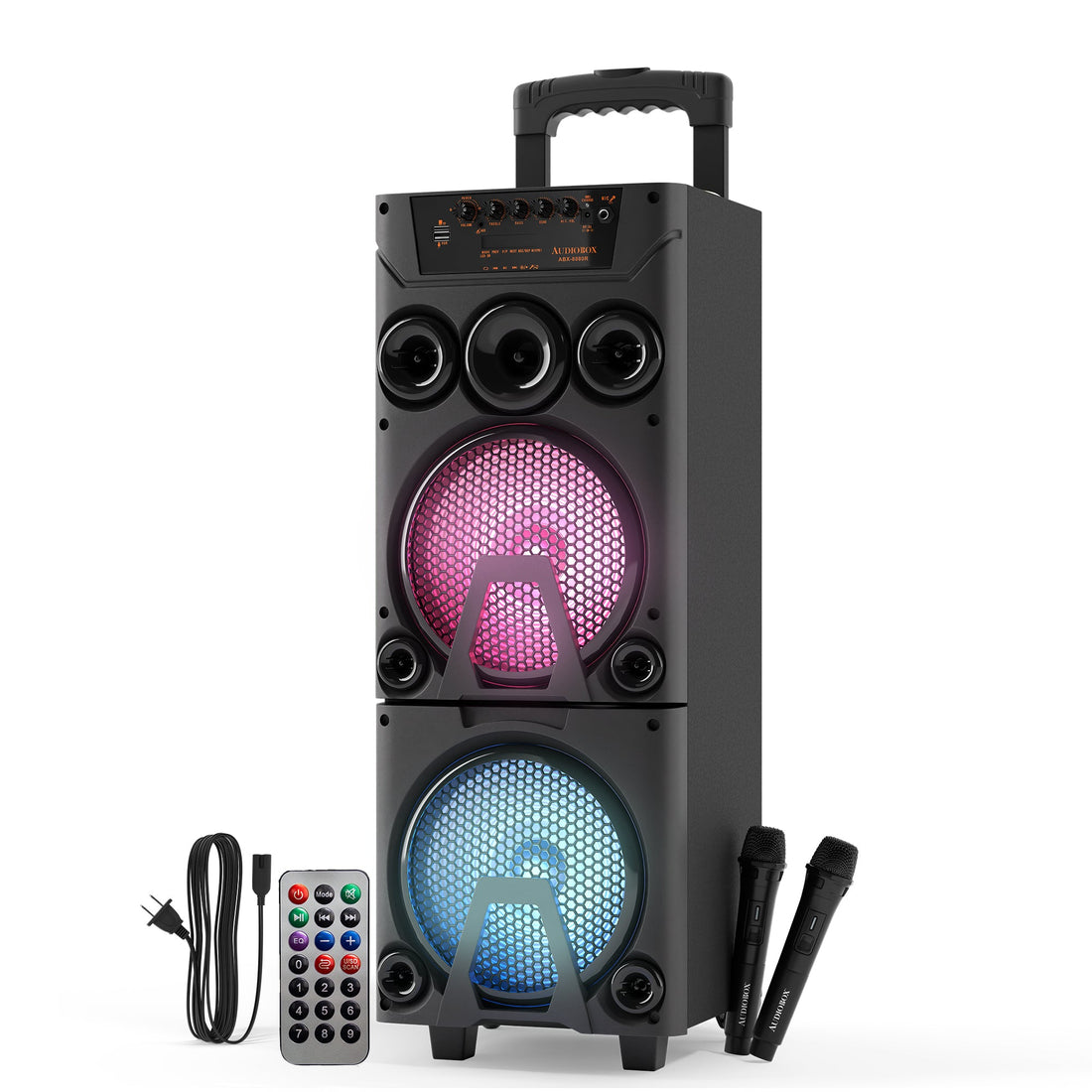 AudioBox ABX - 8080R Dual 8&quot; Bluetooth Portable Party Speaker with Wireless Microphones, LED Lights, FM Radio, USB, AUX, microSD, Karaoke Speaker - Top ElectrosParty SpeakersABX - 8080R