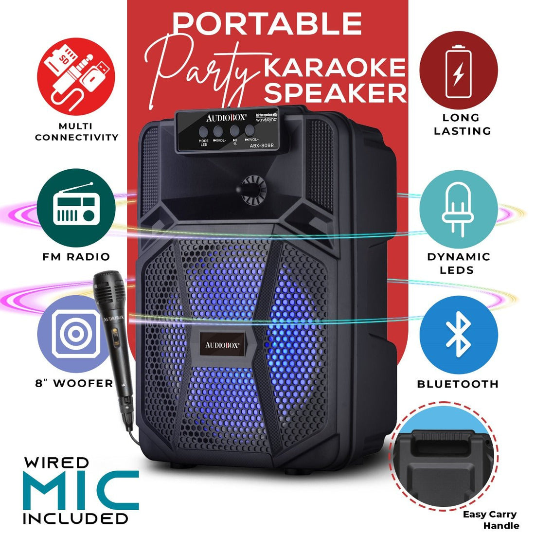 AudioBox ABX - 809 – 8” Bluetooth Party Speaker, WaveSync, LED Lights, Rechargeable Battery, Wireless Mic, FM Radio &amp; Multiple Inputs - Top ElectrosSpeakersABX - 809R