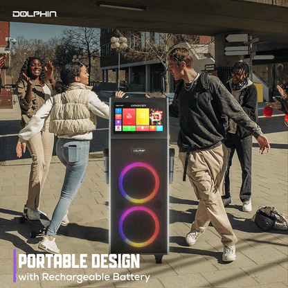 Dolphin KB - 2100R Rechargeable Karaoke Machine with 2 Wireless Mics &amp; Lyrics Display Screen | Dual 10&quot; Speakers, 14&quot; Touchscreen Tablet, Voice Modulation, Bluetooth, USB, TF, FM, AUX, Portable - Top ElectrosKaraoke SystemKB - 2100R810059431799