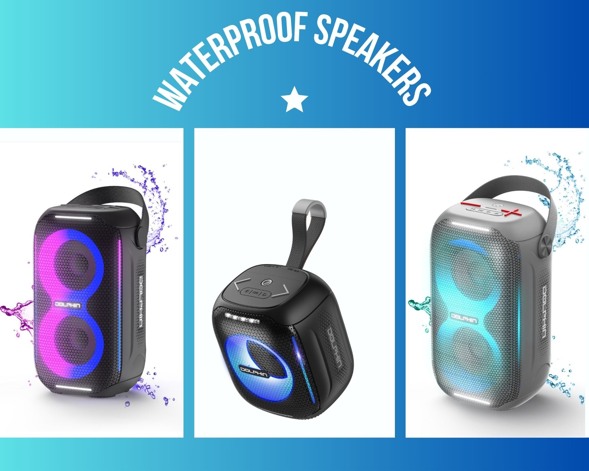 Dolphin S20 Waterproof Portable Party Speaker - Compact Design, HD Lightshow, Perfect for Beach, Pools, Showers, Camping, All Outdoors - Top ElectrosSpeakersS20 - Black810059431546