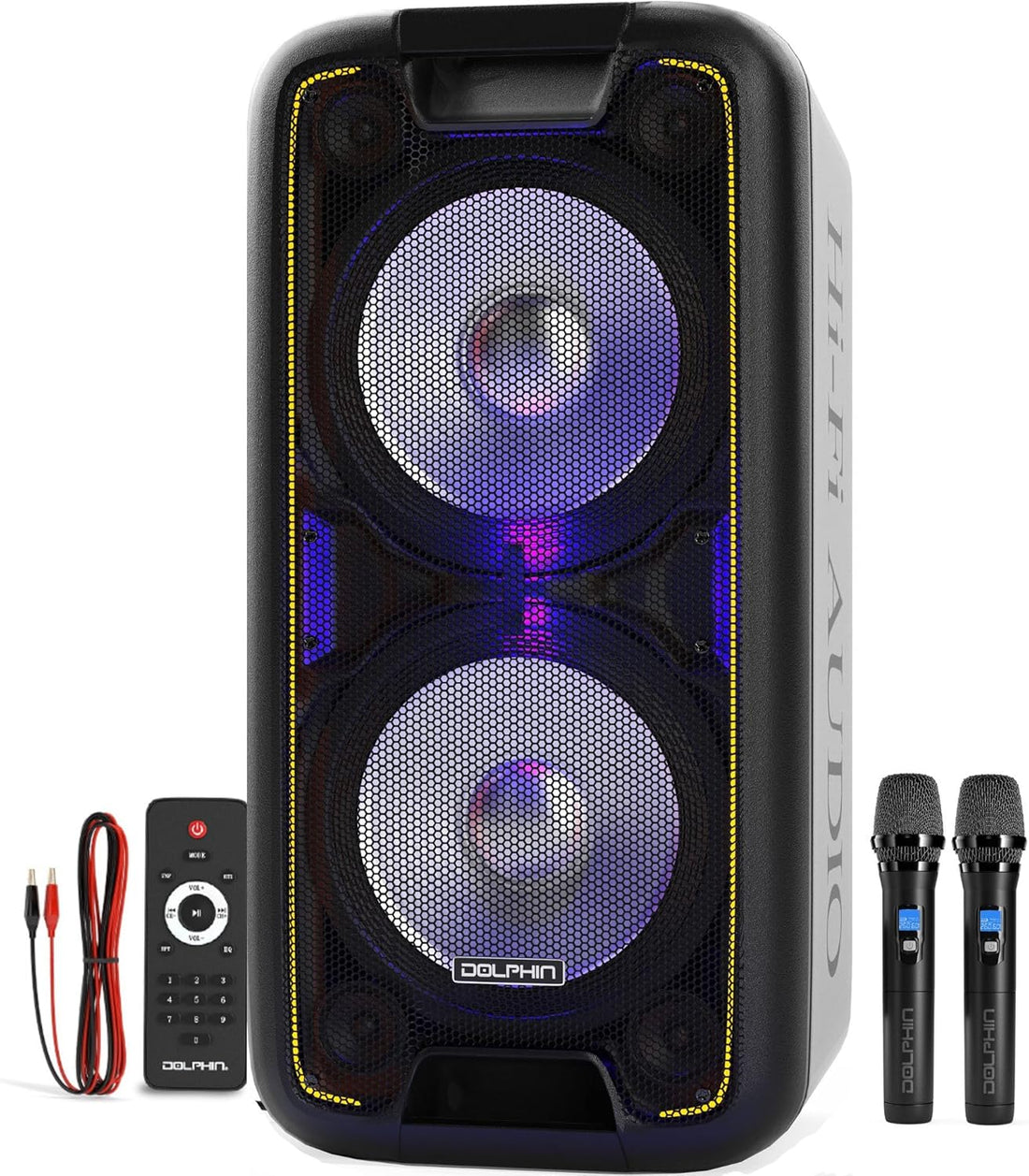 Dolphin SP - 210RBT – Dual 10” Bluetooth Party Speaker, 3400W Music Power, X - BASS, WaveSync, Multicolor LED Lights, Guitar & Mic Inputs, Trolley Design - Top ElectrosSpeakersSP - 210RBT682055446769