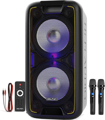 Dolphin SP - 210RBT – Dual 10” Bluetooth Party Speaker, 3400W Music Power, X - BASS, WaveSync, Multicolor LED Lights, Guitar &amp; Mic Inputs, Trolley Design - Top ElectrosSpeakersSP - 210RBT682055446769