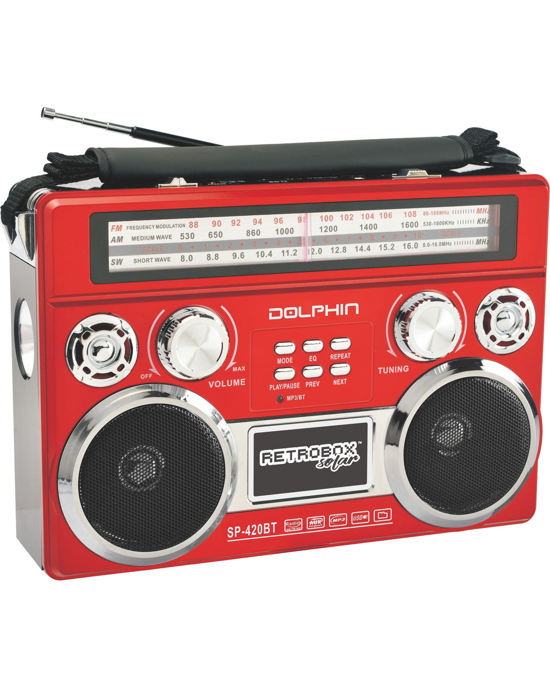 Dolphin SP - 420BT RetroBox™ – Solar Rechargeable Bluetooth Radio, AM/FM/SW, MP3 Player, LED Flashlight, Type - C Charging, Portable for Travel & Outdoor Use - Top ElectrosRadioSP - 420BT Red