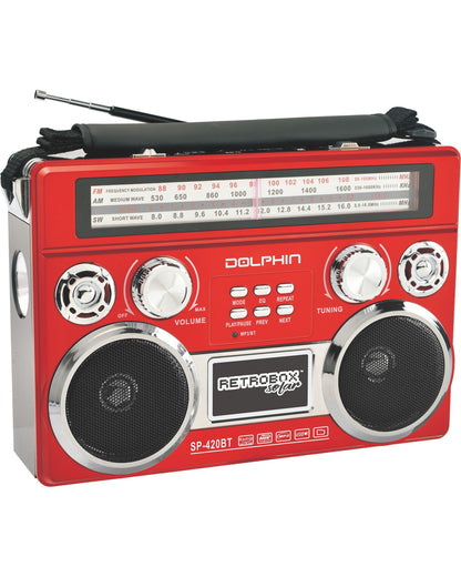 Dolphin SP - 420BT RetroBox™ – Solar Rechargeable Bluetooth Radio, AM/FM/SW, MP3 Player, LED Flashlight, Type - C Charging, Portable for Travel &amp; Outdoor Use - Top ElectrosRadioSP - 420BT Red