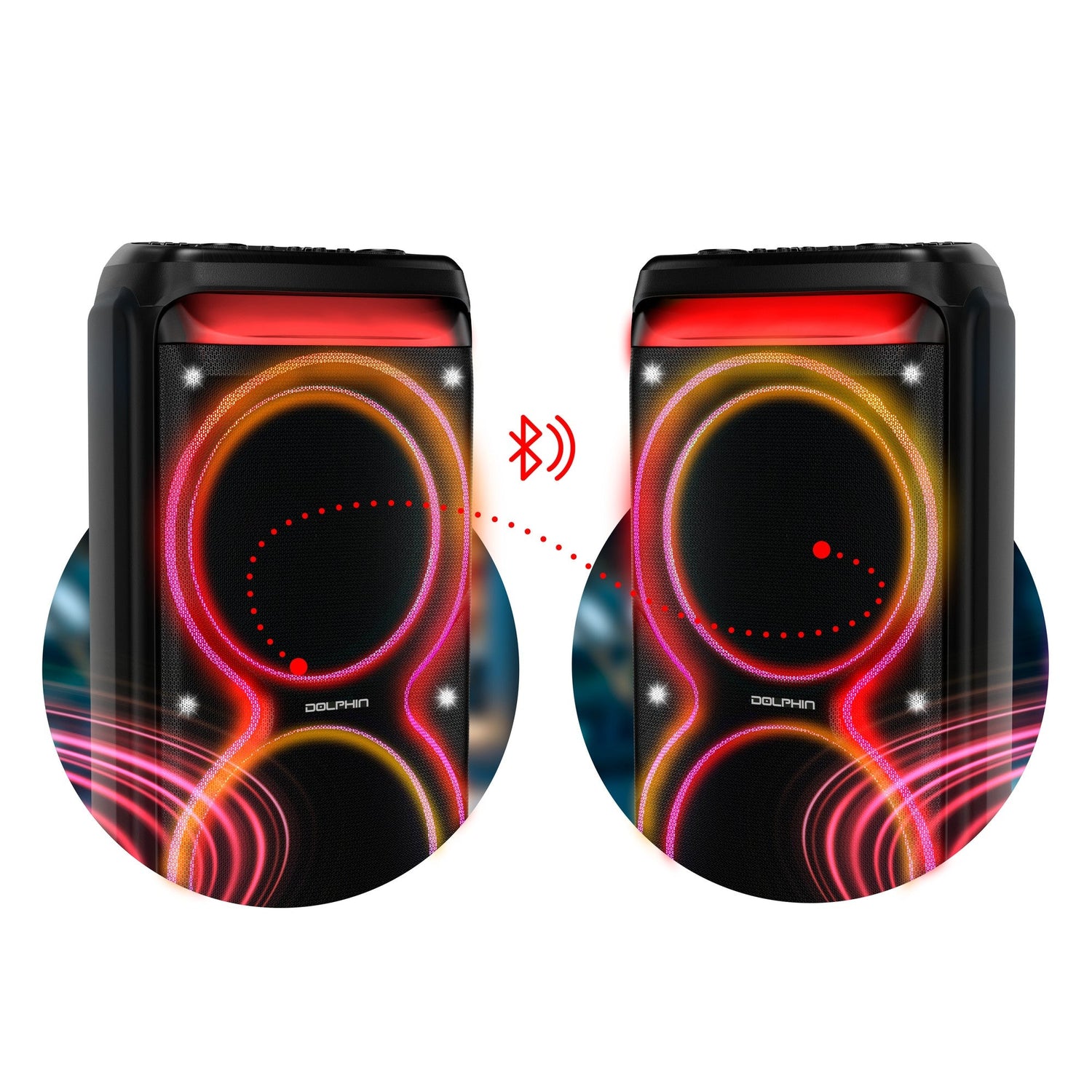 Dolphin SP - 5200RBT – Dual 15” Party Speaker with LED Lights &amp; Wireless Mic - Top ElectrosParty SpeakersSP - 5200RBT810059432819