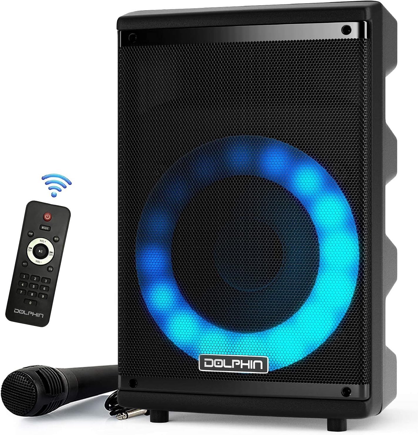 Dolphin SP - 807RBT – 8” Bluetooth Party Speaker, X - BASS, WaveSync, 7 - Color LED Lights, Wired Mic &amp; Remote, Portable with Rechargeable Battery - Top ElectrosSpeakersSP - 807RBT850006218554