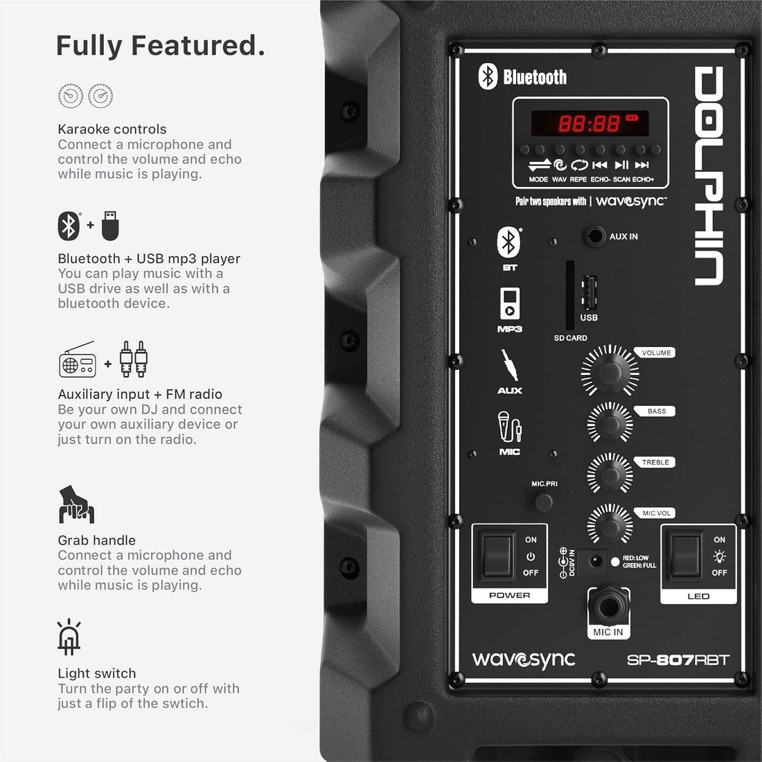 Dolphin SP - 807RBT – 8” Bluetooth Party Speaker, X - BASS, WaveSync, 7 - Color LED Lights, Wired Mic & Remote, Portable with Rechargeable Battery - Top ElectrosSpeakersSP - 807RBT850006218554