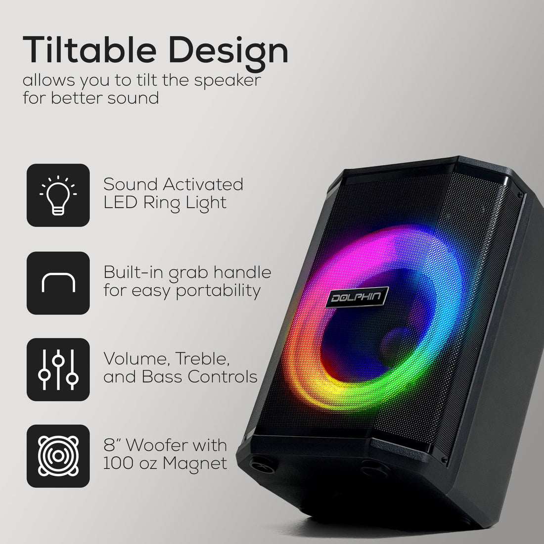 Dolphin SP-880RBT Rechargeable 8" Party Speaker with Tiltable Design and LED Lights - Top ElectrosSpeakersSP-880RBT810059431430