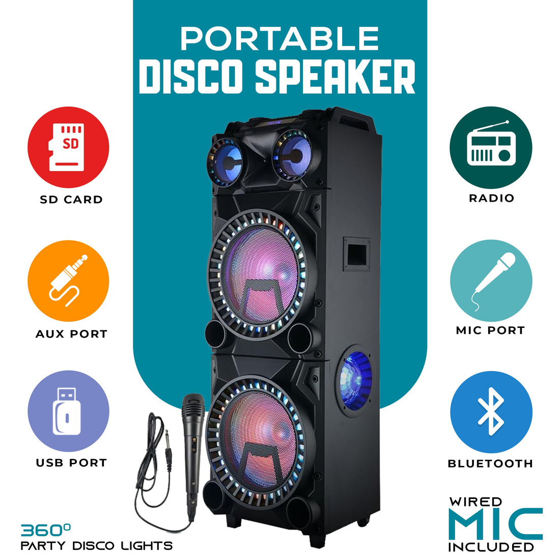 Dual 12" Bluetooth Party Speaker 2800W with Lights, Mic, Remote, Wheels - Top ElectrosKaraoke SpeakerABX - 2121R