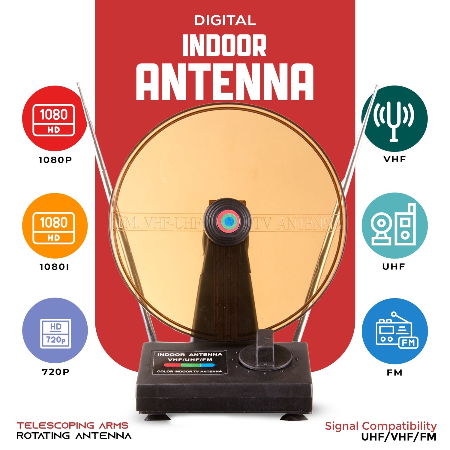 HD Digital Indoor Antenna – Supports 1080P HDTV, FM, VHF, UHF | 90° Rotating Antenna, 12dB Gain, Telescoping Rods - Top ElectrosAntennaANT - 100850006218417