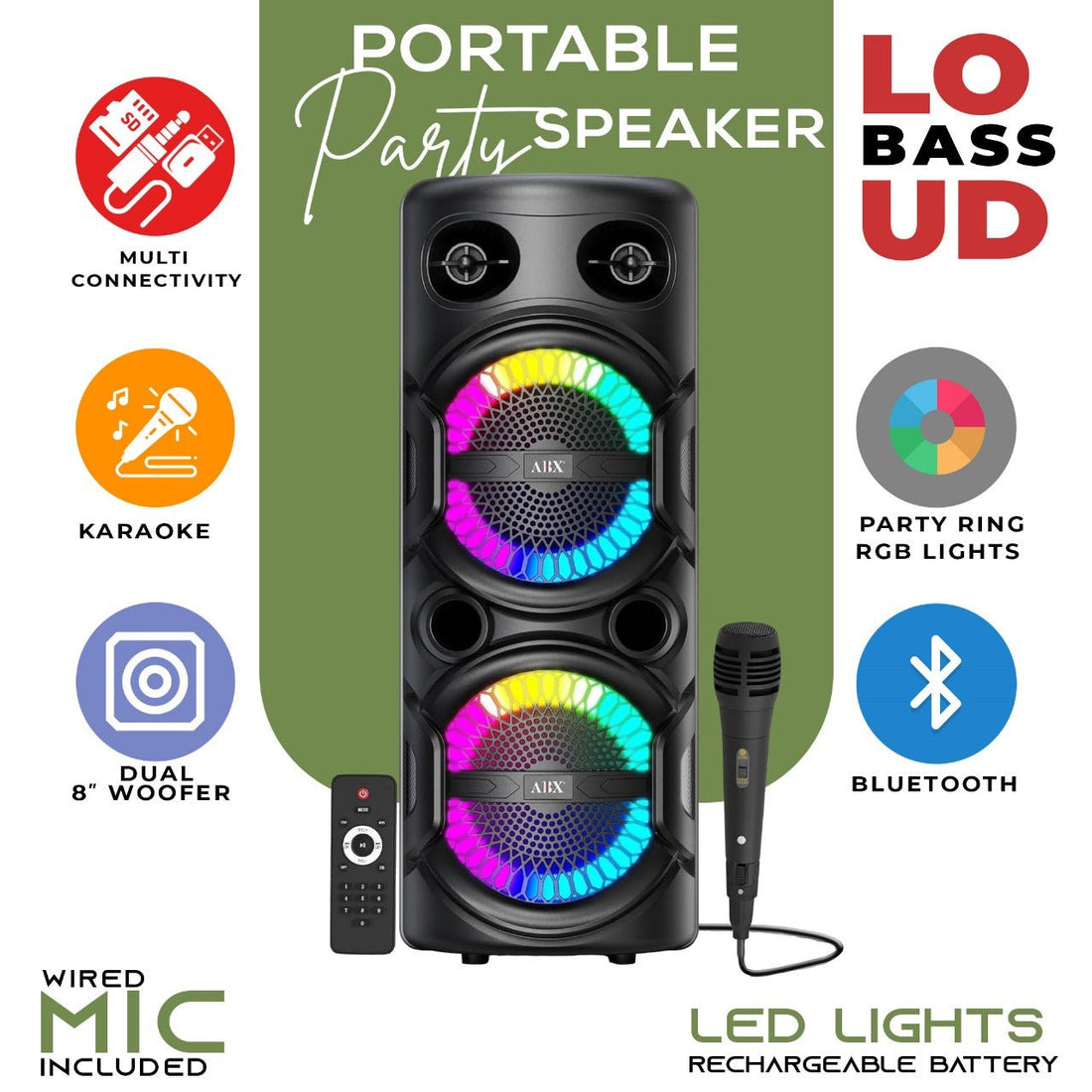 Karaoke Party Speaker with Microphone &amp; Ring Lights - Bluetooth, USB, TF, FM, AU, Porttable, Wireless - Top ElectrosKaraoke SpeakerABX - 286R810059432017