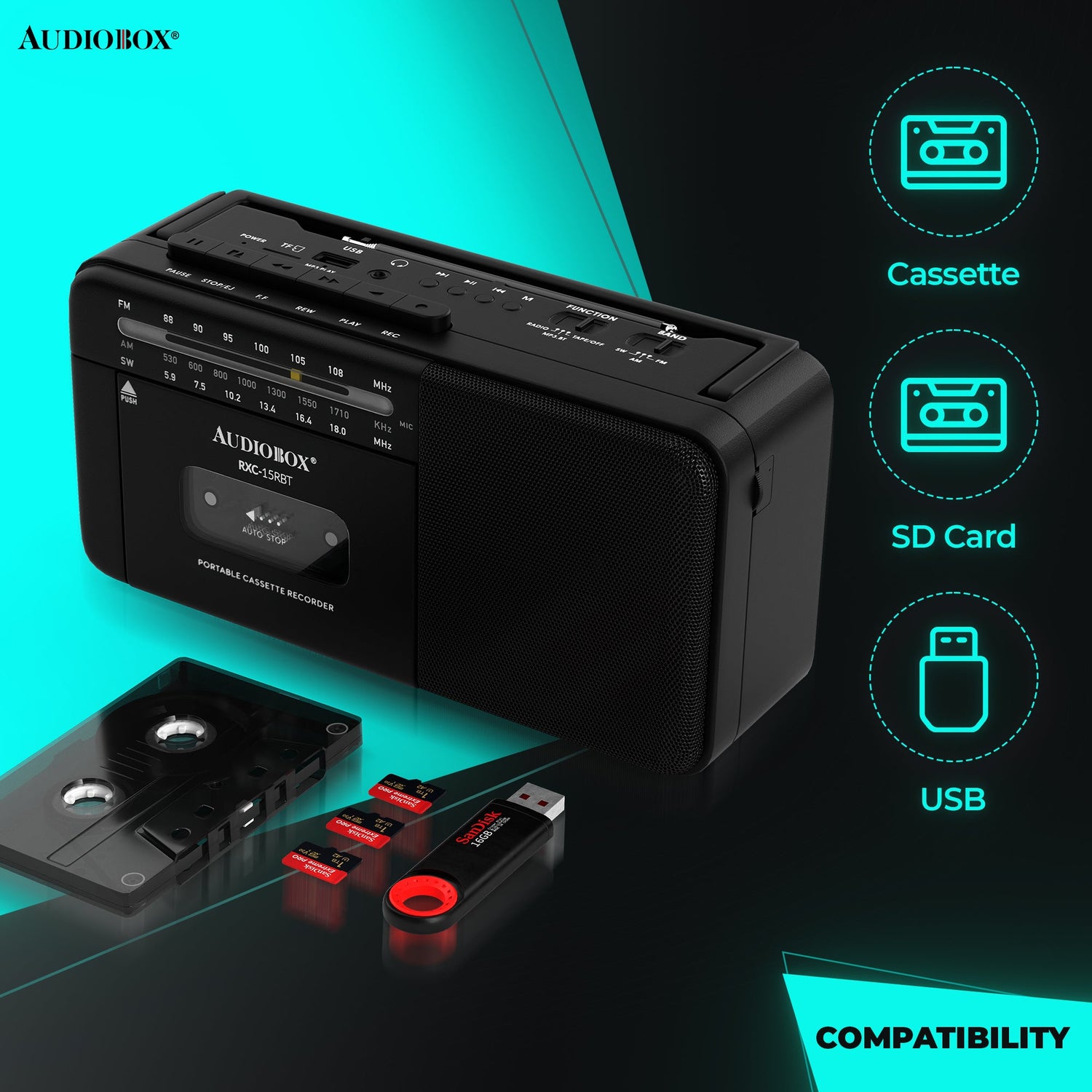 RXC-15RBT Rechargeable Multi-Band Cassette Player with AM/FM/SW Radio - Portable and Versatile - Top ElectrosRadioRXC-15RBT810059432079
