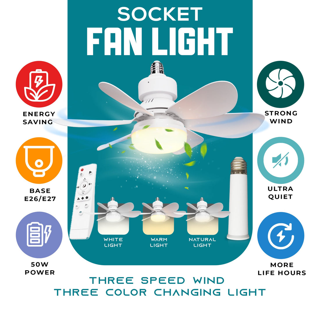 Socket Fan Light w/ Remote – 3 - Speed Fan, Color Changing Light, Ultra Quiet, Sleep Timer | E26 Base, No Wiring Needed - Top ElectrosFanFLA - 21