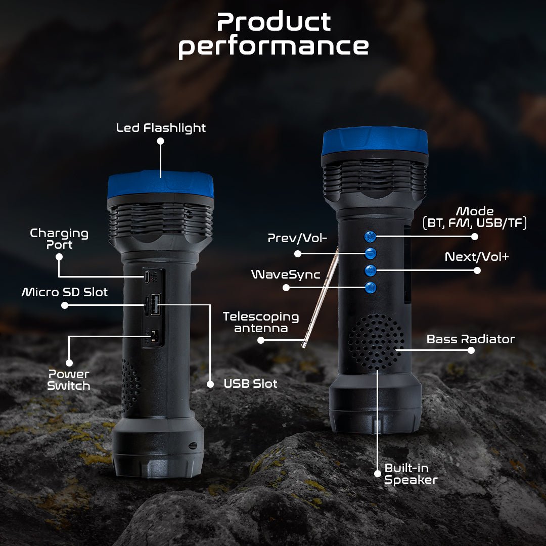 best rechargeable emergency led flashlights Audiobox Fsl-200 Solar Rechargeable Flashlight with Bluetooth Speaker, FM Radio, Tws, and LED Light Portable for Camping, Hiking, Travel