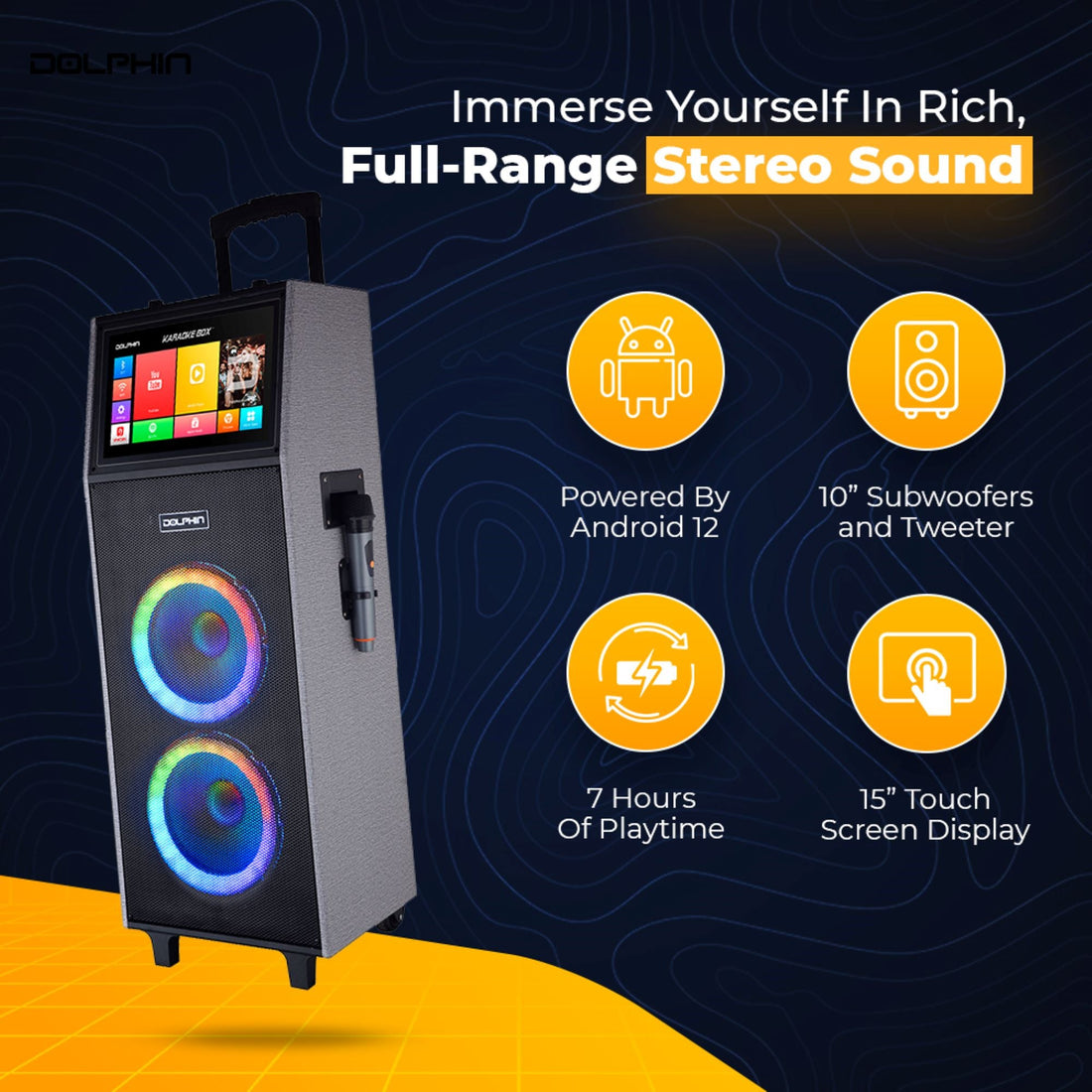 Dolphin KB-2100R Rechargeable Karaoke Machine with 2 Wireless Mics &amp; Lyrics Display Screen | Dual 10&quot; Speakers, 14&quot; Touchscreen Tablet, Voice Modulation, Bluetooth, USB, TF, FM, AUX, Portable - Top ElectrosKaraoke SystemKB-2100R810059431799