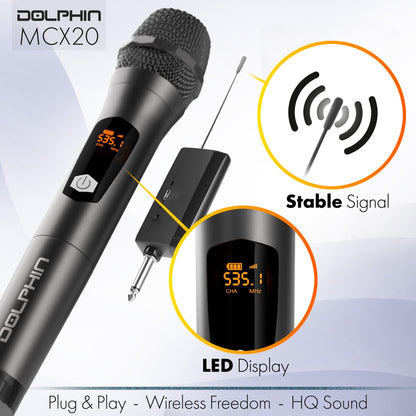 Dolphin MCX20 Wireless Microphone System, Cordless Dual Handheld Dynamic Mic Set with Rechargeable Receiver (Set of 2) - Top ElectrosWireless MicrophoneMCX20810059430327