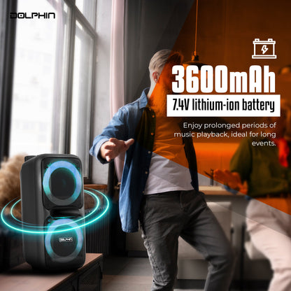 Dolphin SP-2080RBT Dual 8-Inch High Power Portable Bluetooth, Wireless Microphone, Deep Bass, LED Lights, USB/SD Card, Rechargeable Battery - Ideal for DJ, Outdoor &amp; Indoor Events - Top ElectrosSpeakersSP-2080RBT810059431904